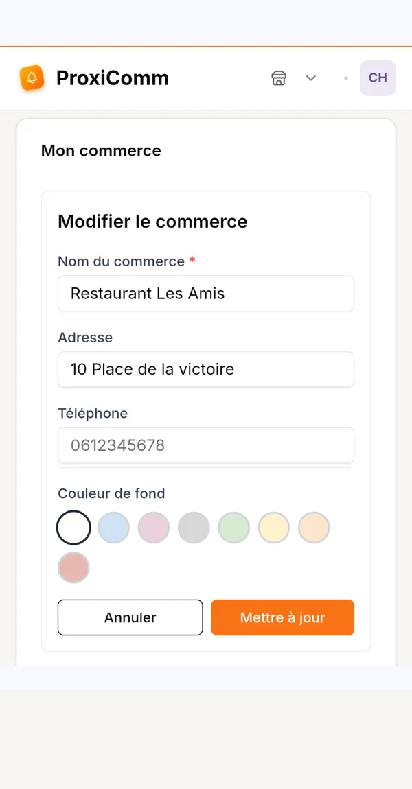 Écran de configuration du commerce à la création du compte.