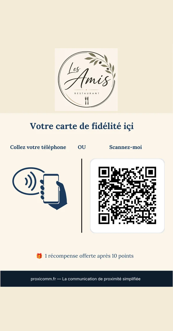 Chevalet de caisse ProxiComm avec le QR code de la carte de fidélité.