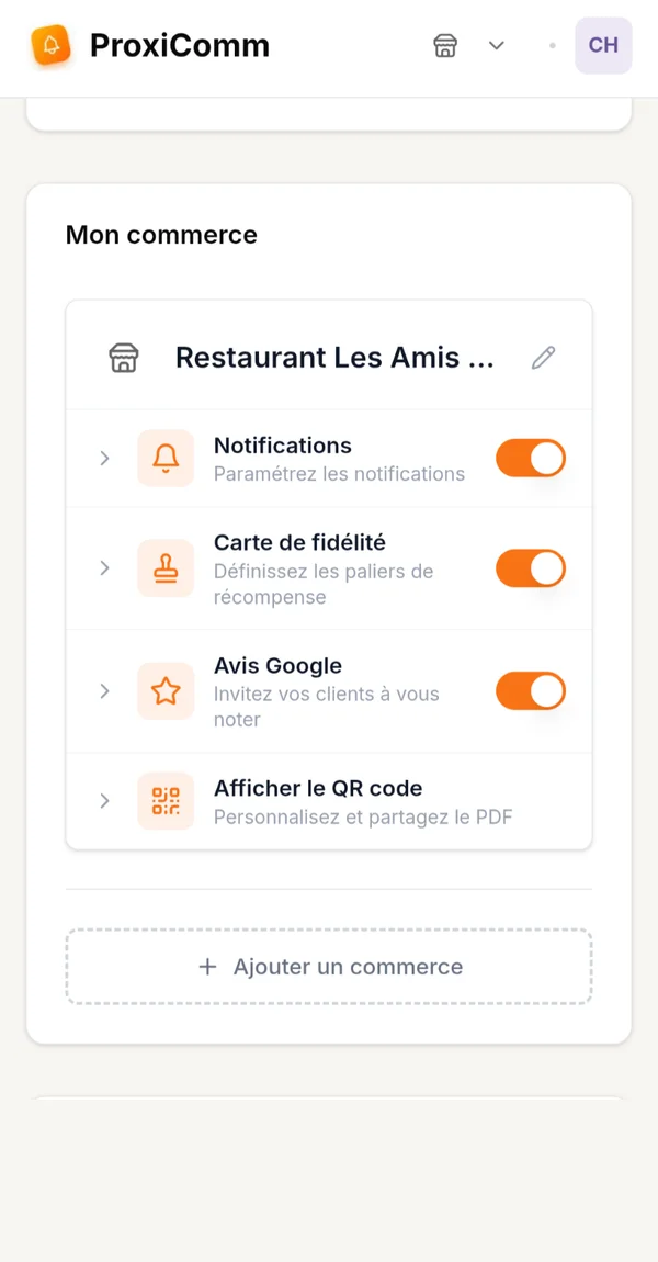 Écran Mon commerce : notifications, carte de fidélité, avis Google, QR code.