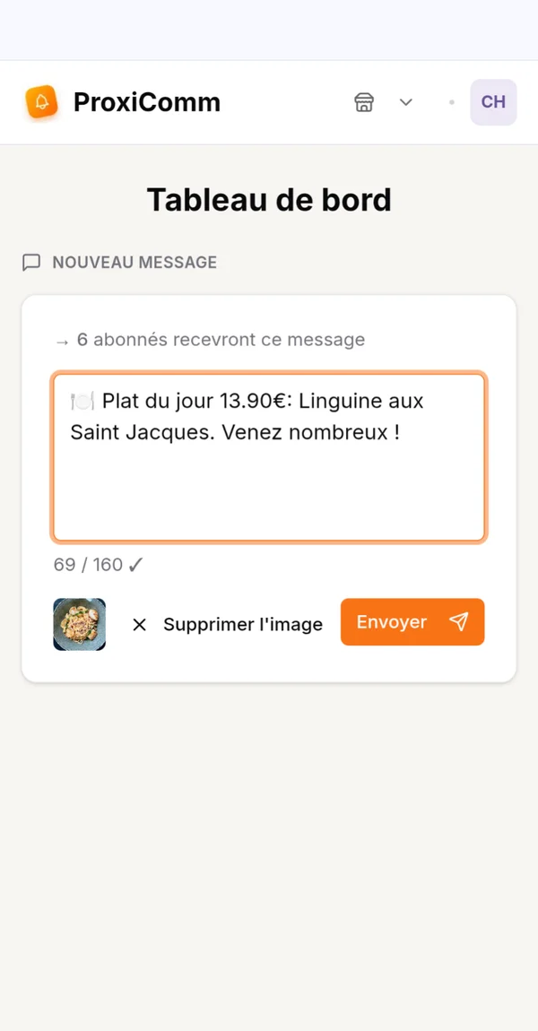 Écran d'envoi d'un message aux abonnés.