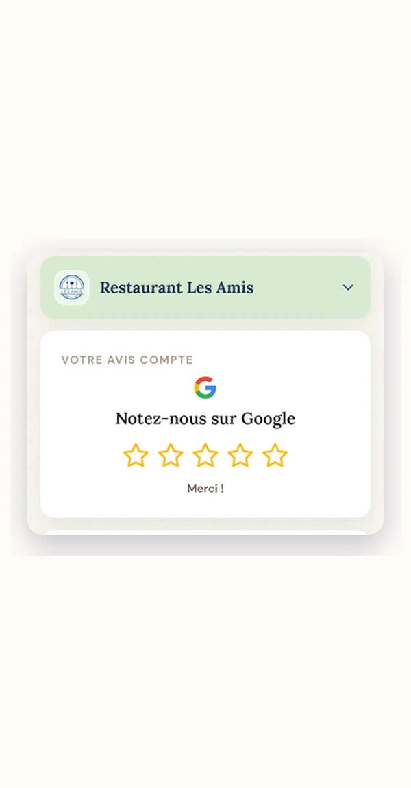Demande d'avis Google affichée sur la page boutique après la visite.